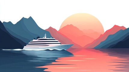 Cruise ship sailing at sunset in a mountain fjord.