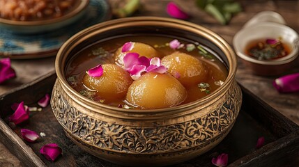 A pot of Gulab Jamun soaking in rich sugar syrup infused with rose water.
