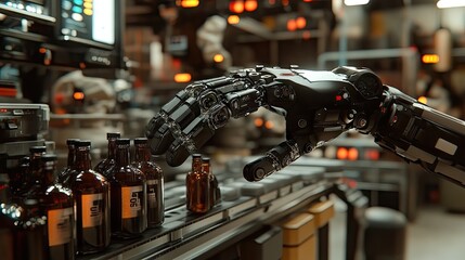A robotic arm placing cod liver oil bottles onto a conveyor belt in a factory.