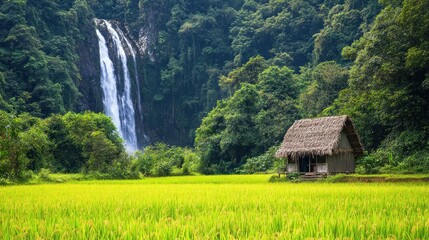 Obraz premium Lush rice paddy with hut and waterfall.