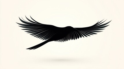 Fototapeta premium Black bird silhouette in flight, wings spread wide.