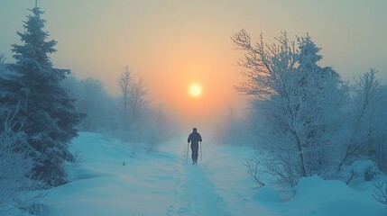 Winter sunrise hike, snowy path, foggy forest