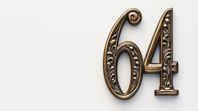 Ornate bronze number sixty-four on white.