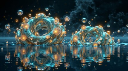 Abstract glowing waves and bubbles in a reflective water surface, dynamic and mesmerizing, artistic concept