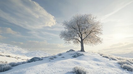 A lone tree stands on a snowy hill, surrounded by a serene winter landscape. The white snow contrasts beautifully with the dark bark of the tree.