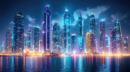 A futuristic city skyline is illuminated at night with bright neon lights. Skyscrapers tower against the dark sky, representing innovation and progress.