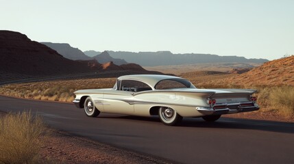 Obraz premium A vintage car glides along an open desert road against a mountainous backdrop, evoking classic elegance and adventurous spirit.