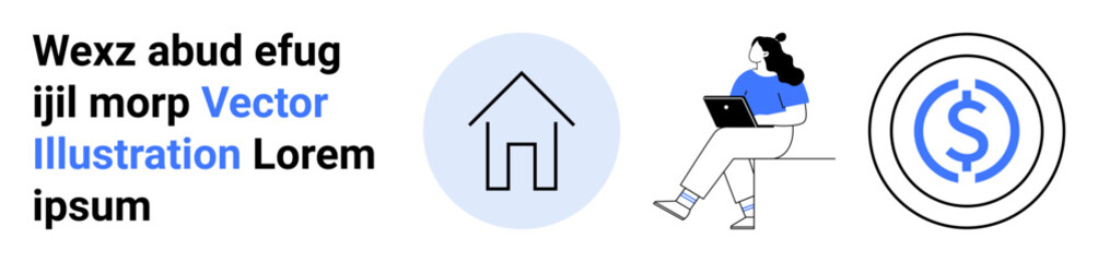 Text block, house icon, person with laptop, currency symbol. Ideal for finance, real estate, freelancing, home office, marketing, digital projects, startups. Landing page