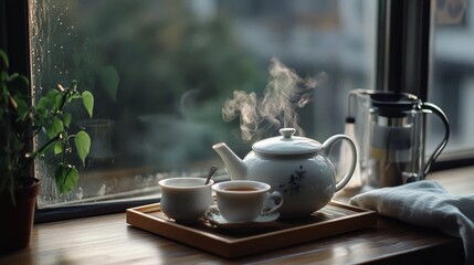 A steaming teapot and matching cup sit by a rain-streaked window, offering a tranquil moment of warmth and reflection.