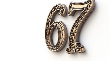 Ornate gold number sixty-seven on white.
