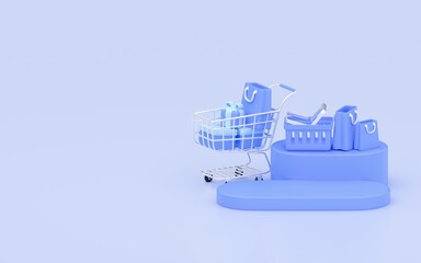 Online Shopping Concept 3D Illustration. Shopping cart, Basket and bags on blue podium on Blue Pastel Background. Suitable for Advertising, marketing and promotion