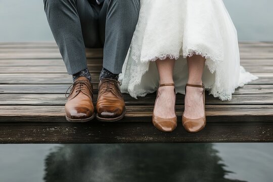 Portrait of a couple sitting on a wooden dock, feet dangling over the water, soft mist rising from the lake, capturing a quiet and reflective wedding moment