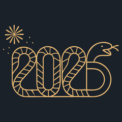 A stylized representation of the year 2025, featuring a snake and fireworks in a sleek gold design against a dark background.