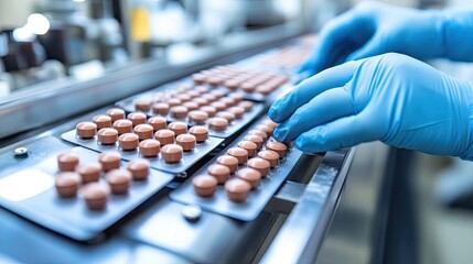 A worker inspecting freshly packed cod liver oil capsules on a production line.