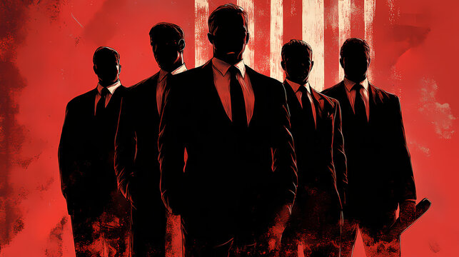 A legal team, suits pressed and ironed, standing tall in the face of justice, ready to plead their case. Ironshade. Illustration