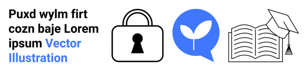 Padlock indicating security, plant in speech bubble for communication and growth, open book with graduation hat signifying education. Ideal for online courses, eLearning, data protection, academic