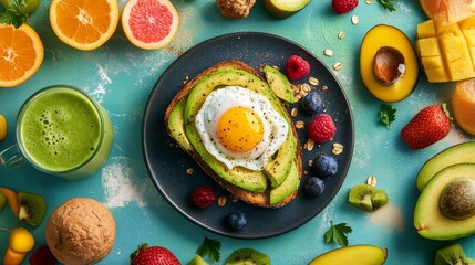 a beautifully avocado toast with a perfectly poached egg on top for breakfast with fresh fruit, a smoothie, and a steaming cup of coffee  on a blue background