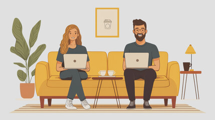 Cozy Indoor Scene Featuring a Man and Woman Sitting Together on a Comfortable Couch Engaged with Their Laptops in a Relaxed Atmosphere of a Modern Living Room Setting