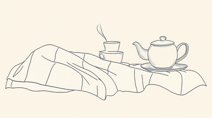 A simple line drawing of an ironed blanket, teapot, and cup with tea inside it. Ironshade. Illustration