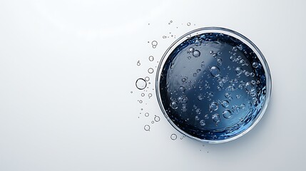 Top view of a petri dish with blue liquid and bubbles.