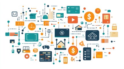 Fintech, online banking, and real estate investment infographic.