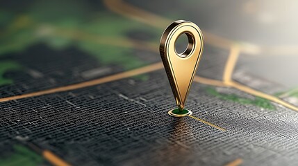 Golden map pin on dark map background.