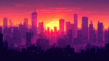 Fototapeta premium A city skyline at sunset, with tall buildings silhouetted against a dramatic orange and purple sky.