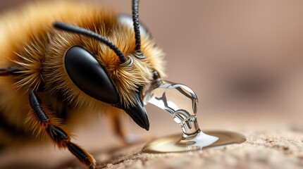 Close-up of a bee collecting nectar or resin, its hairy body and proboscis clearly visible as it interacts with a glistening drop.