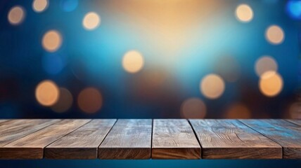 Empty wood table top on blur abstract blue background with professional lighting from a modern photography studio.