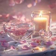 A serene crystal bowl with floating pink petals and a candle beside a delicate glass heart, creating a romantic atmosphere on a marble surface.