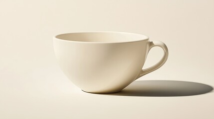 Empty off-white ceramic teacup on beige background.