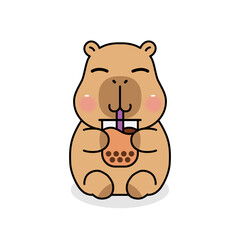 Cute cartoon capybara drink boba milk tea. Vector illustration.