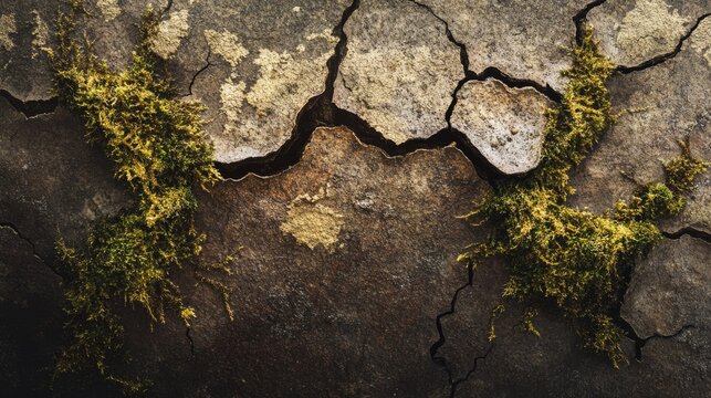 Cracked earth with patches of vibrant moss symbolizes resilience and the striking contrast of life against desolation in a compelling natural scene.