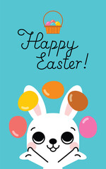 Happy bunny juggling Easter eggs for Easter card, banner, greeting cards, posters, holiday cover. Vector illustration. 