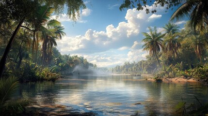 Serene tropical river scene with lush vegetation, palm trees, and misty atmosphere.
