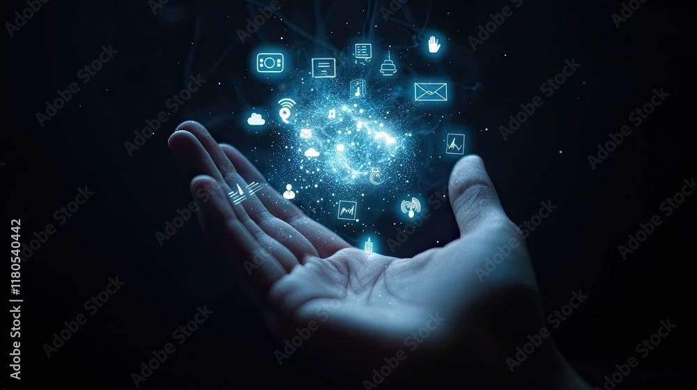 Poster hand reaching out to futuristic technology icons representing digital interaction and innovation in 