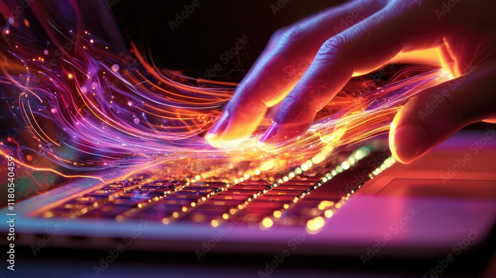Fototapete hand touching laptop keyboard with colorful light trails creating a digital aura effect in a dark en