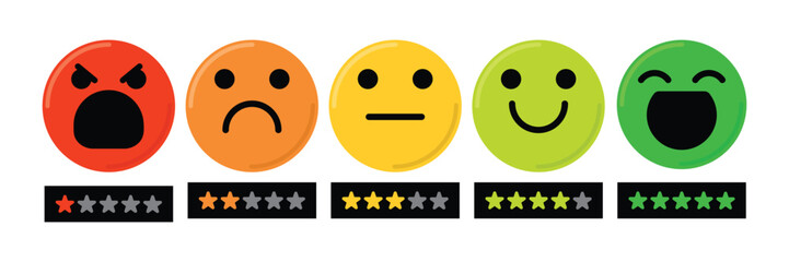 Emoji Feedback Scale with Stars Icon. Customers Mood from Happy Good Face to Angry and Sad Concept. Emoticon Feedback. Level Survey of Customer Satisfaction. Vector illustration.