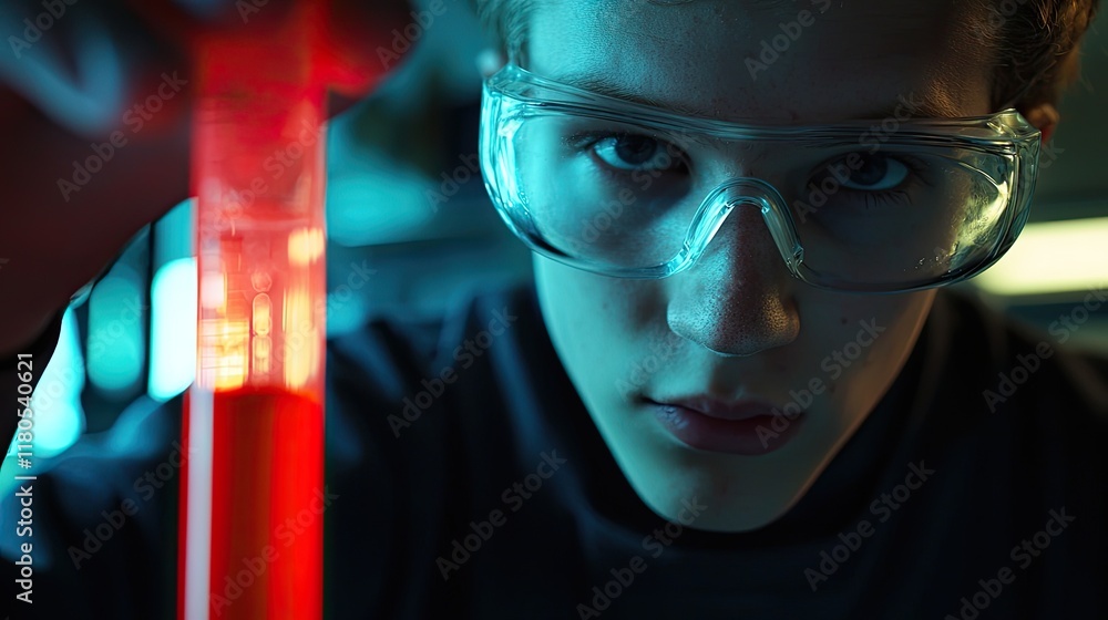 Poster young scientist conducting experiment with bright red liquid in laboratory setting