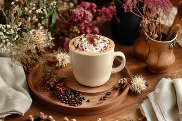 Fototapeta premium A latte cup with mocha mousse cream foam on a wooden tray surrounded by coffee making accessories and dried flowers 