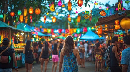 Fototapeta premium Vibrant Market Scene with Colorful Lanterns and Excited People in a Bustling Outdoor Environment