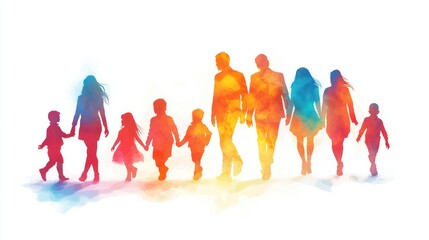 Obraz premium Colorful watercolor silhouettes of a large family walking hand-in-hand.