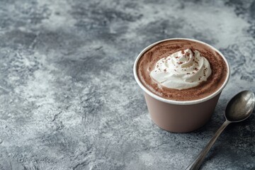 Minimalistic composition: a latte cup with mocha mousse foam on a gray textured surface, next to a metal spoon 