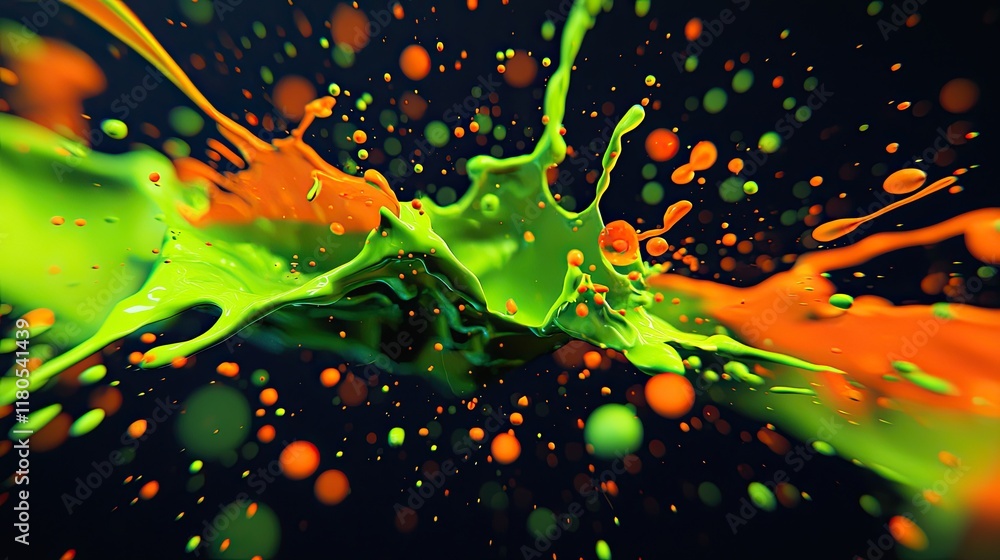 Poster vivid splashes of neon green and orange paint against a dark background creating dynamic visual ener
