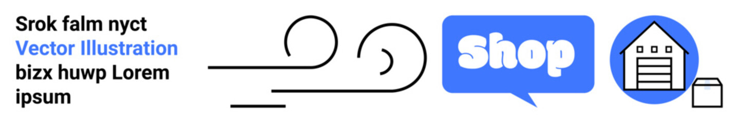 Blue text bubble with Shop text, a wind symbol, and a warehouse with secure lock. Ideal for ecommerce, online shopping, digital marketing, logistics, delivery services. Banner for landing page