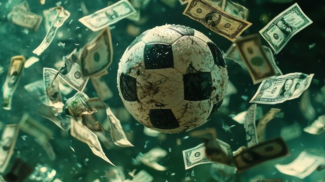 A vibrant image of a soccer ball surrounded by floating money, symbolizing the intersection of sports and finance.