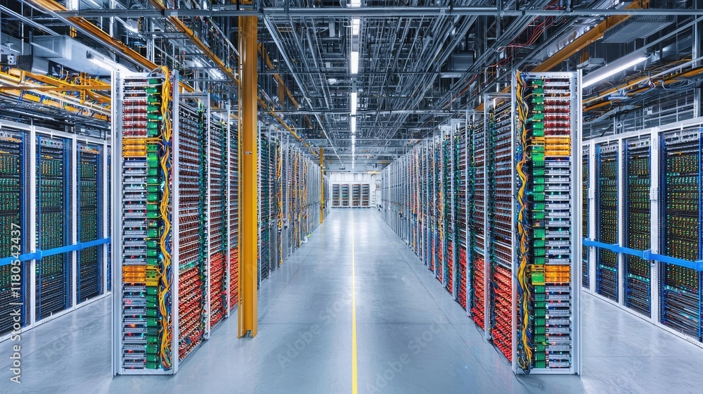 Poster modern data center interior with rows of servers and high-tech equipment in a bright and organized e