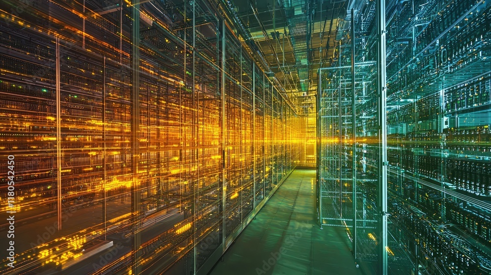 Poster A View Inside a Modern Data Center with Glowing Servers and Advanced Technology Lighting Effects