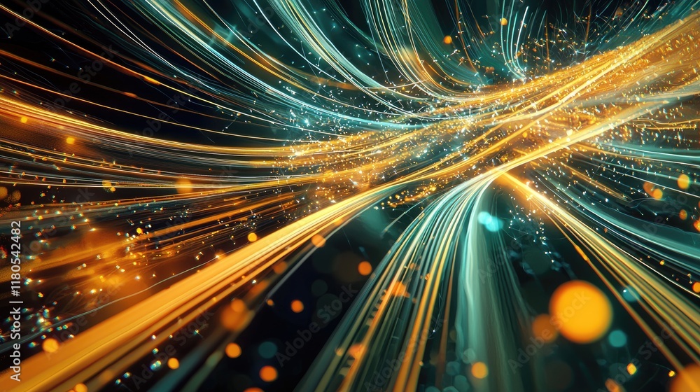 Poster vibrant abstract background with flowing light trails and sparkling particles in blue and orange ton