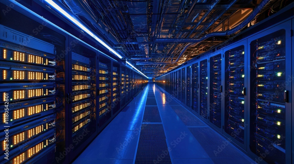 Fototapete High-Tech Data Center with Rows of Servers Illuminated by Blue Lights and Energy Efficient Design